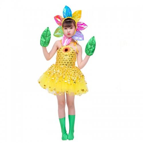 Girls halloween christmas party sun flowers modern dance dresses  stage performance sun flowers cosplay costumes dresses